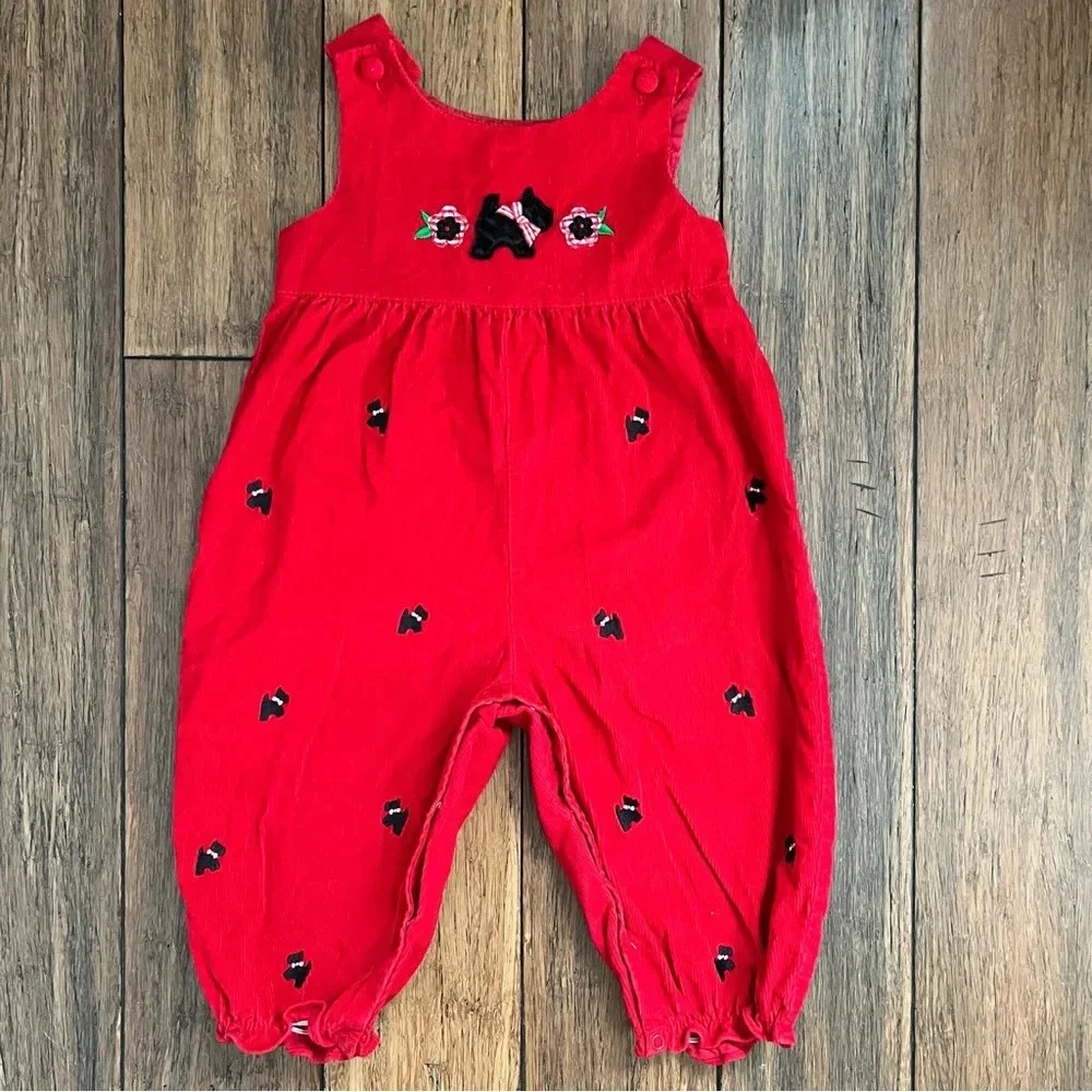 Girls Red Corduroy Romper Black Terrier Dog Embroidery 2T Snap Legs Jumper 24M